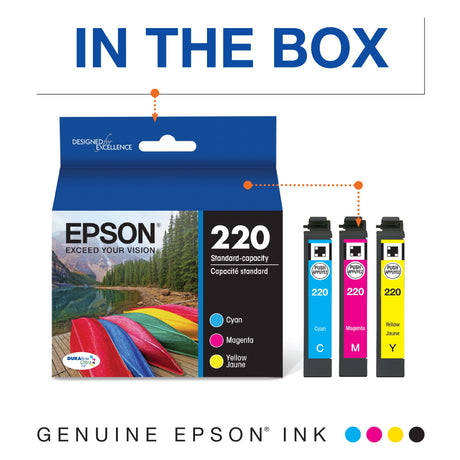 EPSON 220 DURABrite Ultra Ink Standard Capacity Color Combo Pack (T220520-S) Works with WorkForce WF-2630, WF-2650, WF-2660, WF-2750, WF-2760, Expression XP-320, XP-420, XP-424 Epson