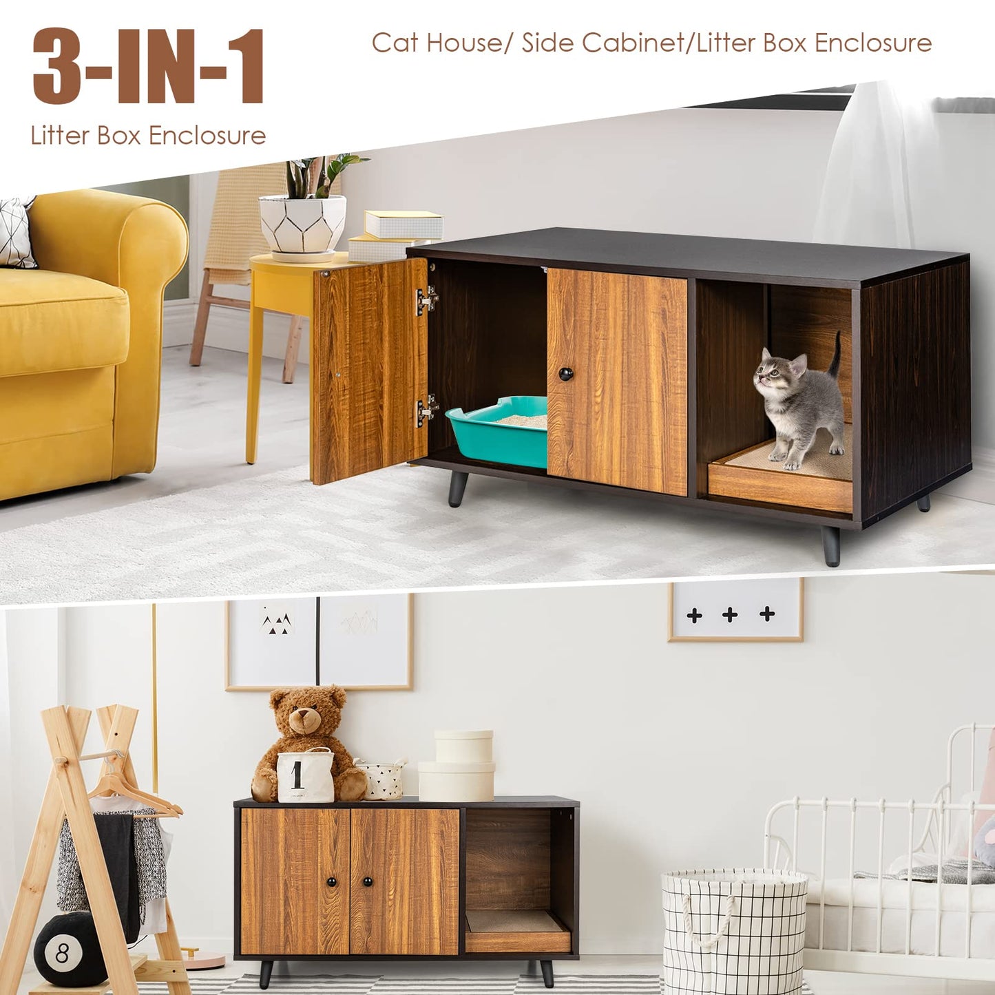 Tangkula Cat Litter Box Enclosure, Cat Washroom W/Divider, Scratching Pad, Metal Leg, Enclosed Cat Box Cabinet Pet House W/Double Doors, Litter Box Furniture Hidden for Large Cat (Walnut & Bl - WoodArtSupply