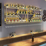 Wall Mounted 79in Wine Rack with LED Lighting Glass Holder, Liquor Bottles Shelves Display Storage Organizer Hanging Long Stemware Goblet Metal for Home Mini Bar Cellar Golden Generic