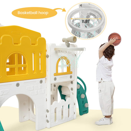 GAOMON 8 in 1 Toddler Slide Indoor Playground, Indoor Slide Toddler Playset for Toddlers 1-3, Kids Outdoor Playground with Slide, Basketball Hoop, Climber, Crawling Tunnel, Telescope, Toy Storage GAOMON
