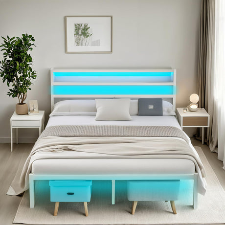CLIBFENG Full Size Bed Frame with Headboard,Heavy Duty Steel Slats Support-LED Bed Frame with USB Charging Station,Metal Platform Bed Frame-Under Bed Storage, No Box Spring Needed, Noise Free,White CLIBFENG