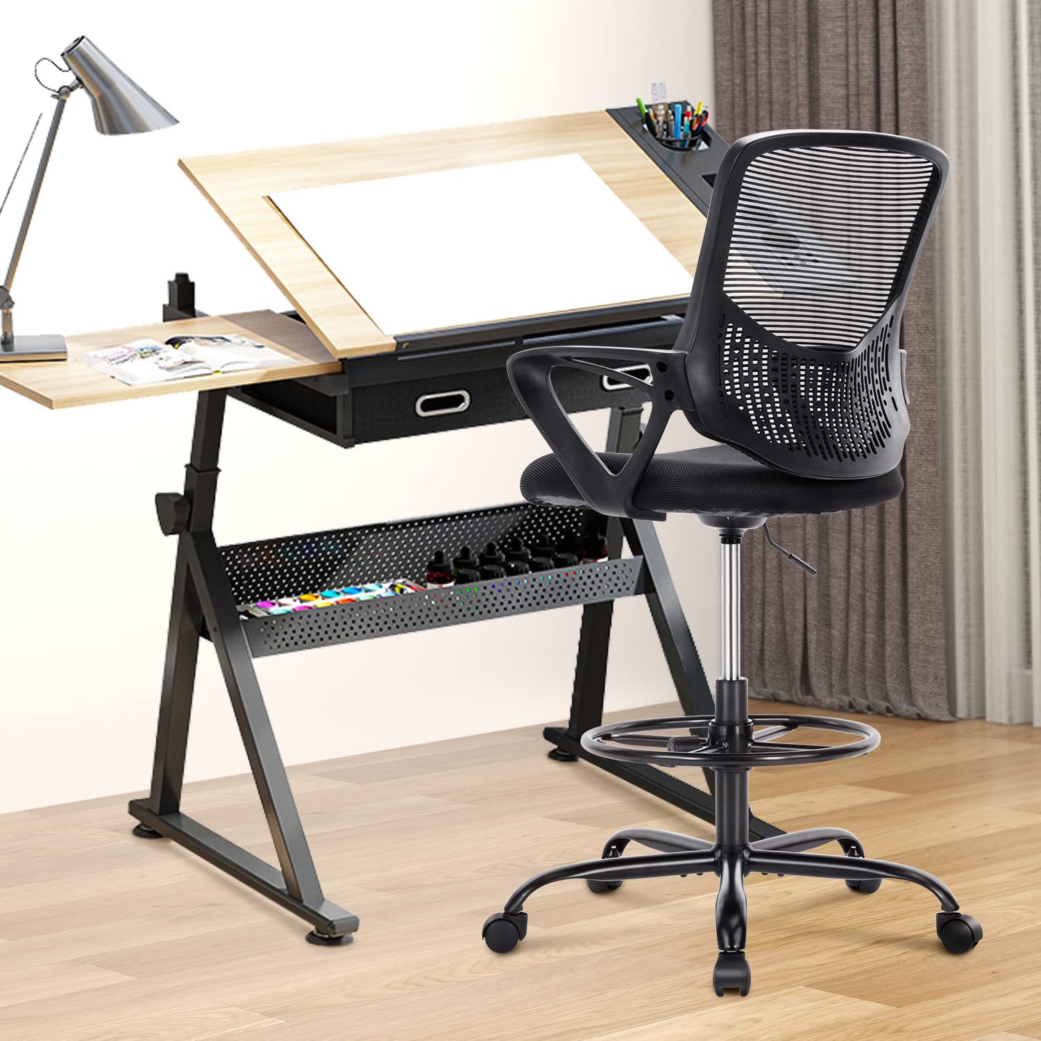 Tall Office Chair, Drafting Chair, Standing Desk Chair, High Adjustable Office Mesh Chair, Ergonomic Counter Height Computer Rolling Chair with Armrests and Foot-Ring for Bar Height Desk - WoodArtSupply