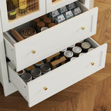 70" Tall Arched Kitchen Pantry Cabinet with LED Lights, Wood Kitchen Storage Cabinets with Glass Doors and 2 Large Drawers, Modern Versatile Cupboard with Adjustable Shelves for Dining Room, White Gyfimoie