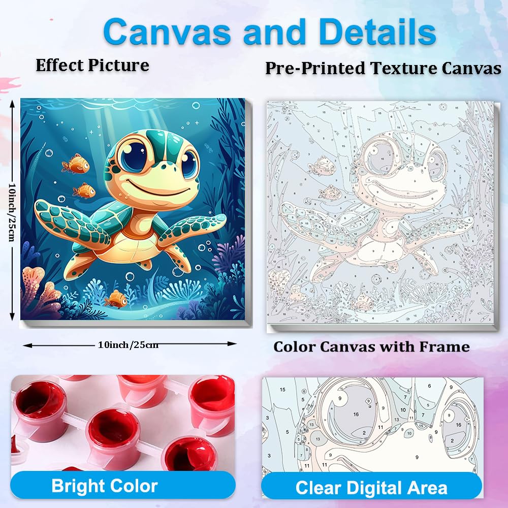 Artunion Framed Paint by Numbers Kit for Adults Beginners & Kids Ages 8-12,Cartoon Turtle Paint by Number with Frame,Ocean Paint by Numbers Kit on Canvas 10 * 10 Inch Without Easel Artunion