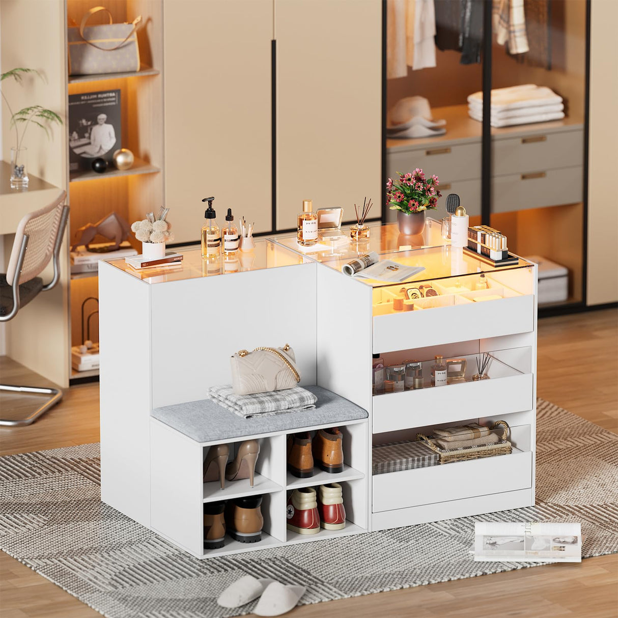 PakaLife Armoire Wardrobe Closet Island with 9 Drawers,Led Lights,Glass Tabletop,Bedroom Island with Jewelry Organizer,Storage Bench with Cushion,Island Dresser with Display Shelf for Fitting Room PakaLife