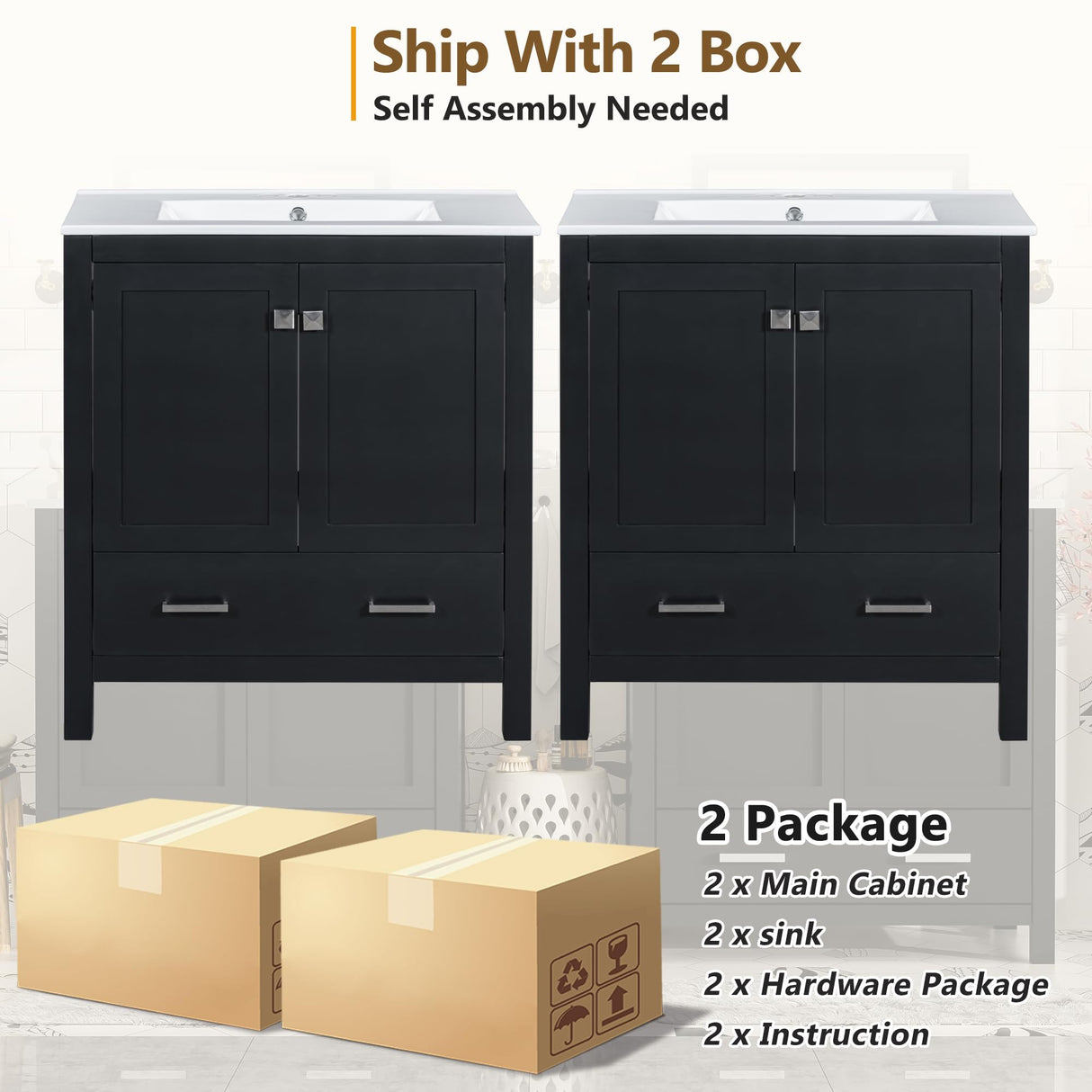 60" Black Bathroom Vanity with Double Sink, 60 Inch Bathroom Vanity Set with Double Vanities (Separate), 2 Bathroom Vanities with Sink, Storage Shelf, and Divided Drawers (Mirror not Included) Mirightone