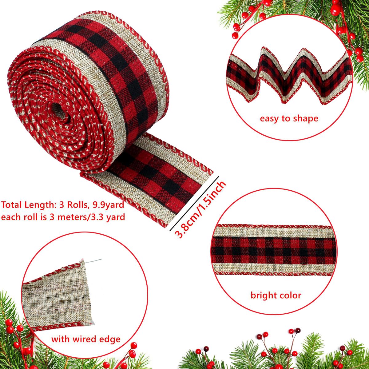 3 Rolls Buffalo Plaid Ribbon - Wired Edge, 9.9 Yards, 1.5 Inch Width (Black & Red) - Perfect for Christmas Tree Wrapping & Crafts BOYIVI
