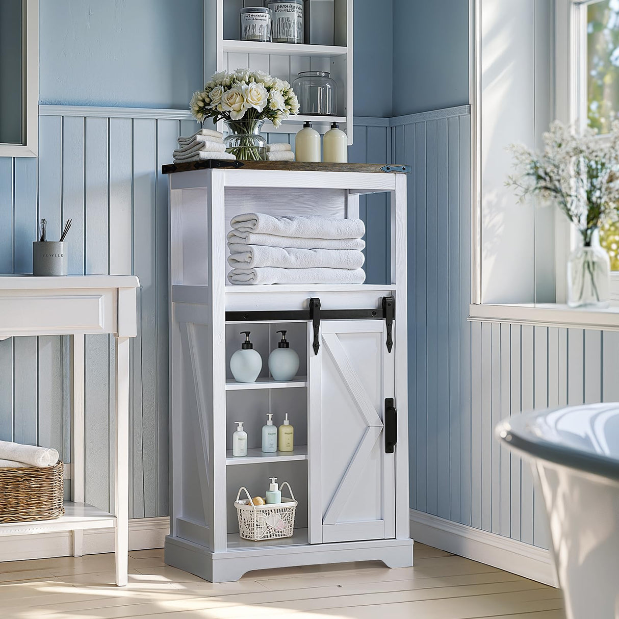 KOLIGEY Farmhouse Storage Cabinet, White Bathroom Storage Cabinet Small Hutch with Door Freestanding, for Coffee Bar, Bathroom, Laundry, Living Room, Kitchen - 24" W x 42" H KOLIGEY