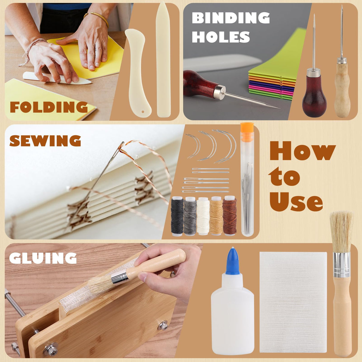 HEJIN Book Binding Kits, Bamboo Wood Book Press with Plastic Bone Folder, Waxed Thread, Book Binding Materials for Beginners Bookbinding Supplies HEJIN