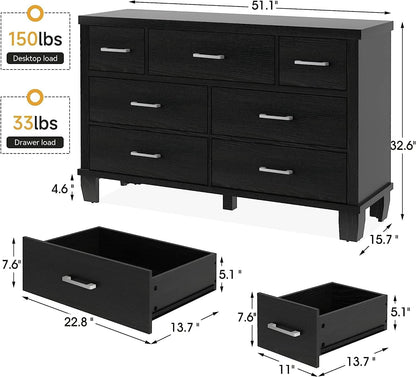 SUNNYFURN Dresser for Bedroom with 7 Drawer Modern Wooden Dresser - 3-Tier Drawer Chest, Entryway, Closet, Living Room, and Hallway Storage - Stylish & Functional Organizer Black - WoodArtSupply