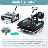 Specraft 5-in-1 Combo Heat Press, 15x15 360° Swing Away Heat Press Machine for T Shirts Mugs Hat Plate Cap, Digital Sublimation Machine, Green Black SPECRAFT