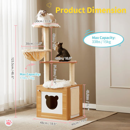 Made4Pets Cat Tree with Litter Box Enclosure, 2-in-1 Modern Cat Tower for Indoor Cats, 48.6" Wood Kitten Condo with Scratching Post and Hammock, Removable Scratch Pad for Large Cats - WoodArtSupply