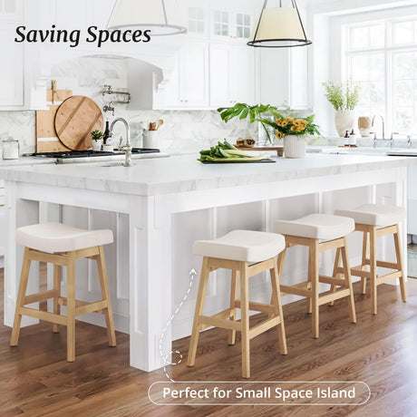 Cozyman Bar Stools Set of 3, Barstools with Sturdy Wood Legs, Saddle Seat Counter Height Bar Stools for Kitchen Counter, Bar, Dining, 24 Inch Farmhouse Counter Stools, Beige Fabric Cozyman