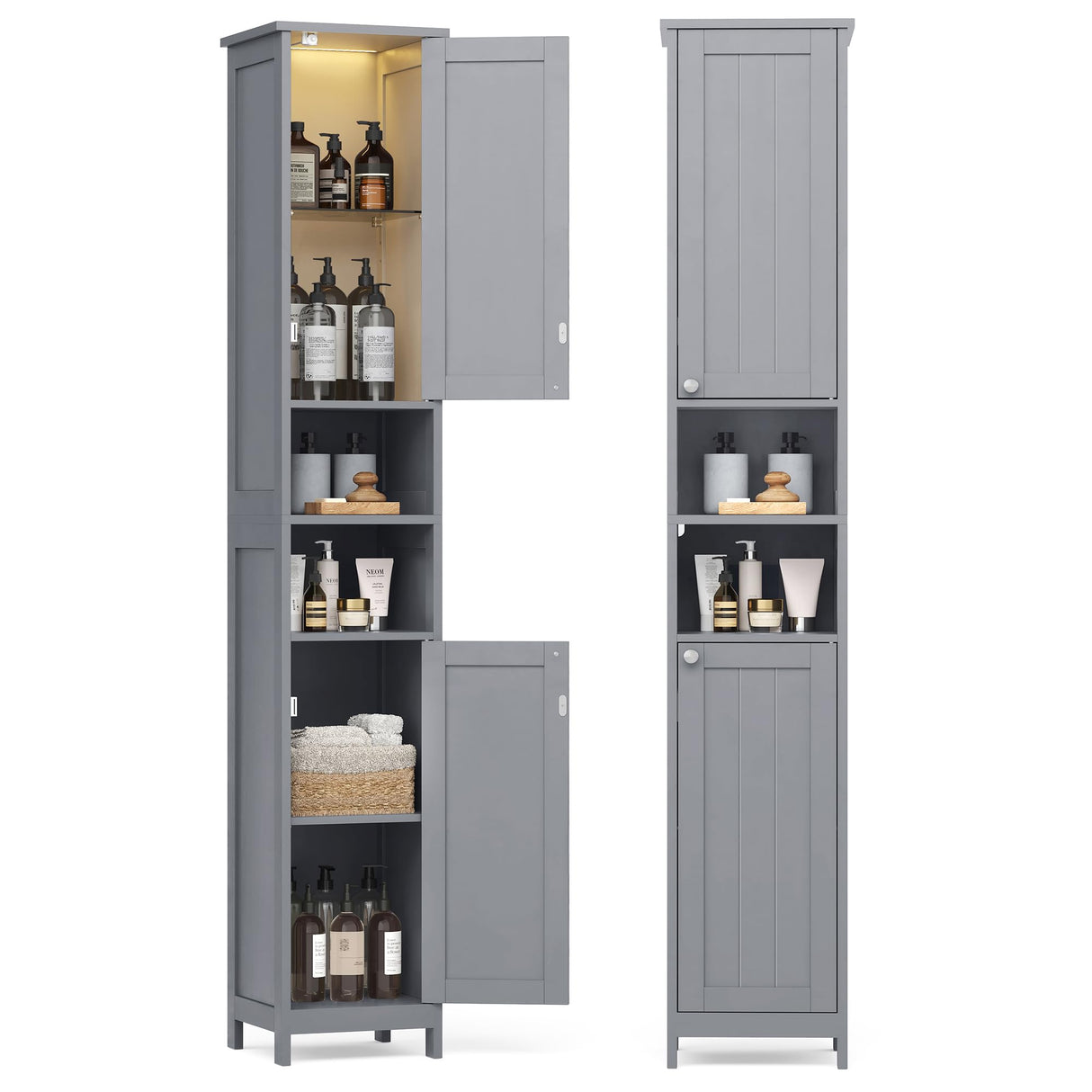 VASAGLE Tall Bathroom Cabinet with Lights, Slim Bathroom Storage Cabinet, Freestanding Narrow Cabinet with Adjustable Shelves, for Small Spaces, Modern, 11.8 Inches Wide, Dove Gray UBBC566G02 VASAGLE