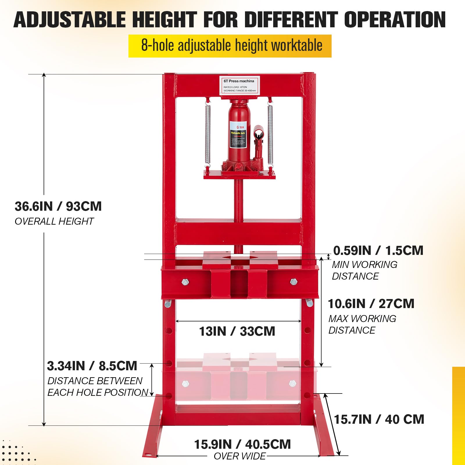 Garveetech 6 Ton Hydraulic Press, H-Frame Benchtop Hydraulic Shop Press, Garage Floor Press with 2 Press Plates, Adjustable Working Table Height, for Gears and Bearings, Red - WoodArtSupply