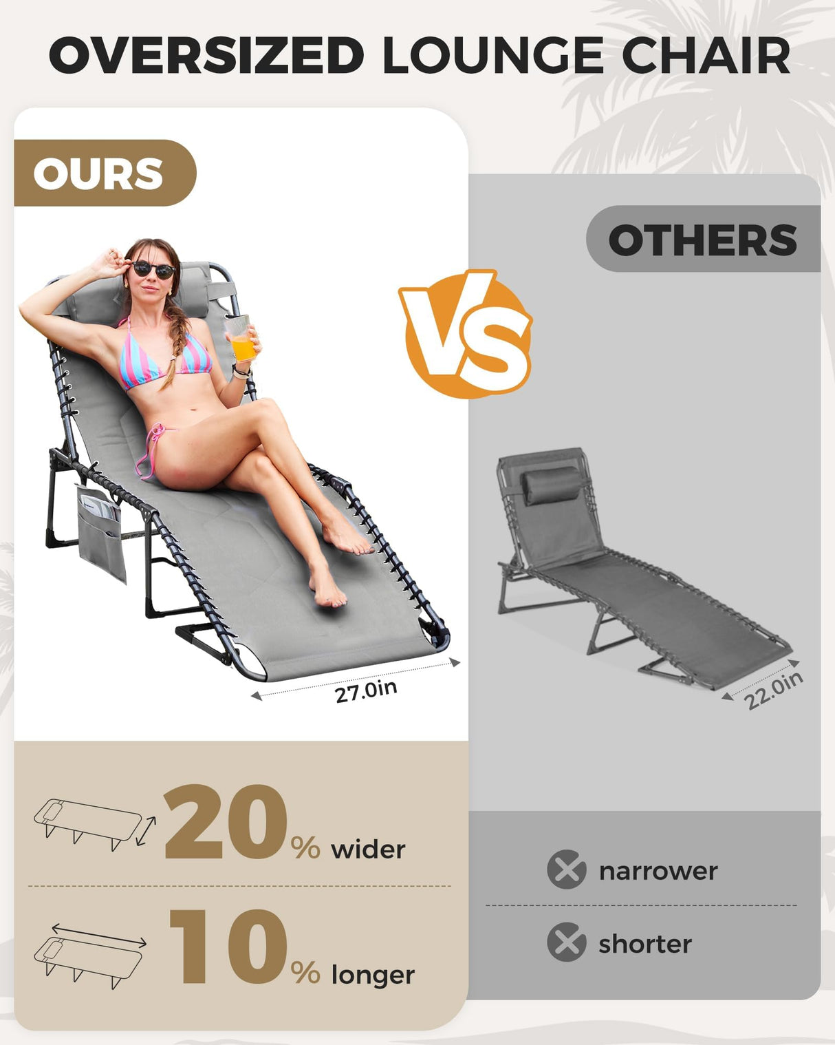 KingCamp Oversized Tanning Chair, Extra-Wide Padded Folding Chase Lounge Chairs Portable Adjustable 5-Position 400lbs Heavy Duty Lounger with Double-Layer Oxford for Outdoor Beach Patio Sun Pool KingCamp