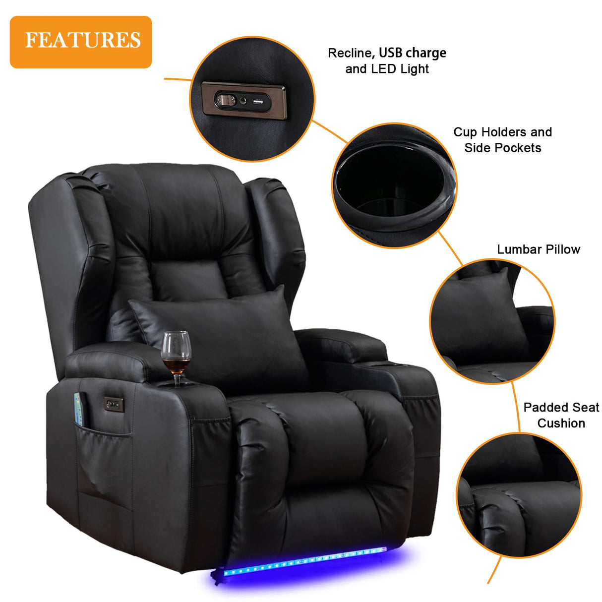Oprisen Power Recliner Chair Overstuffed Home Theater Seating w/Heat Massage Electric Movie Gaming Sofa Reclining Sleeper Chair with LED Light/Lumbar Pillow/USB Port/Cup Holders Oprisen
