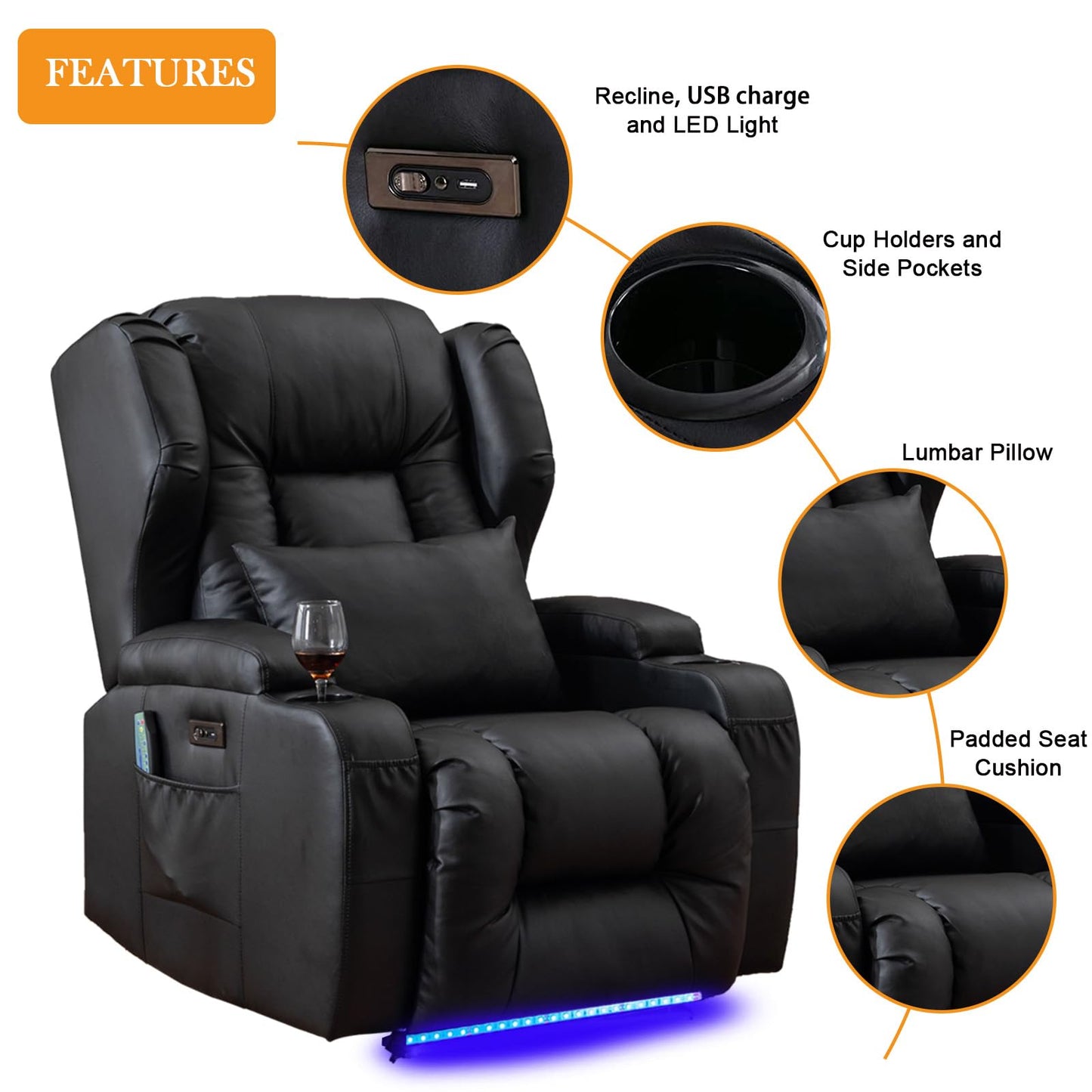 Oprisen Power Recliner Chair Overstuffed Home Theater Seating w/Heat Massage Electric Movie Gaming Sofa Reclining Sleeper Chair with LED Light/Lumbar Pillow/USB Port/Cup Holders