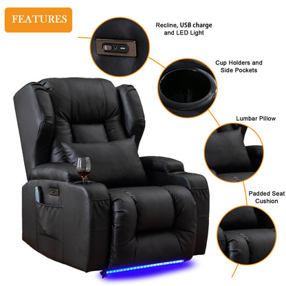 Oprisen Power Recliner Chair Overstuffed Home Theater Seating w/Heat Massage Electric Movie Gaming Sofa Reclining Sleeper Chair with LED Light/Lumbar Pillow/USB Port/Cup Holders