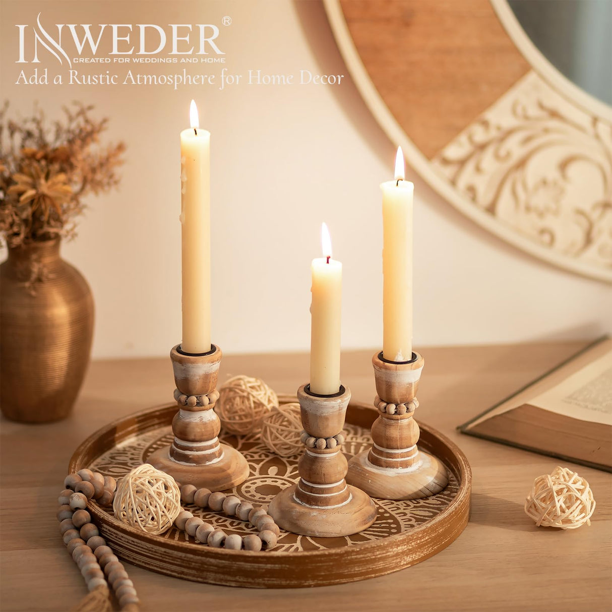 Inweder Wooden Candlestick Holders Rustic: Farmhouse Wood Taper Candle Holders Boho Candle Sticks Holder Decor for Home Dinning Table Mantle Party Holiday Christmas Wedding Set of 2 Inweder