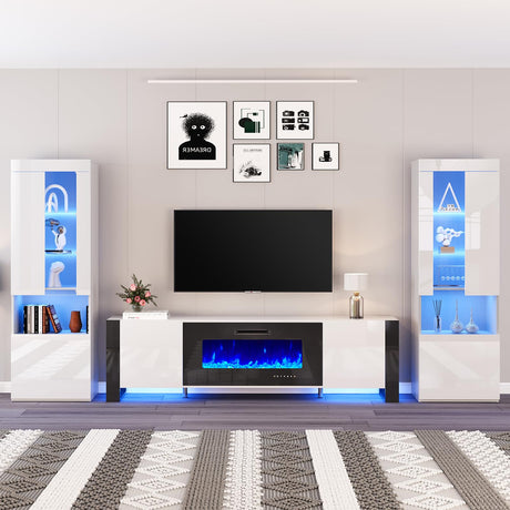 AMERLIFE 80" Modern Fireplace TV Stand with 40" Electric Fireplace & 2 Large Storage LED Bookcases, 3 Piece Living Room Entertainment Center Set for TVs Up to 90in, White/Black AMERLIFE