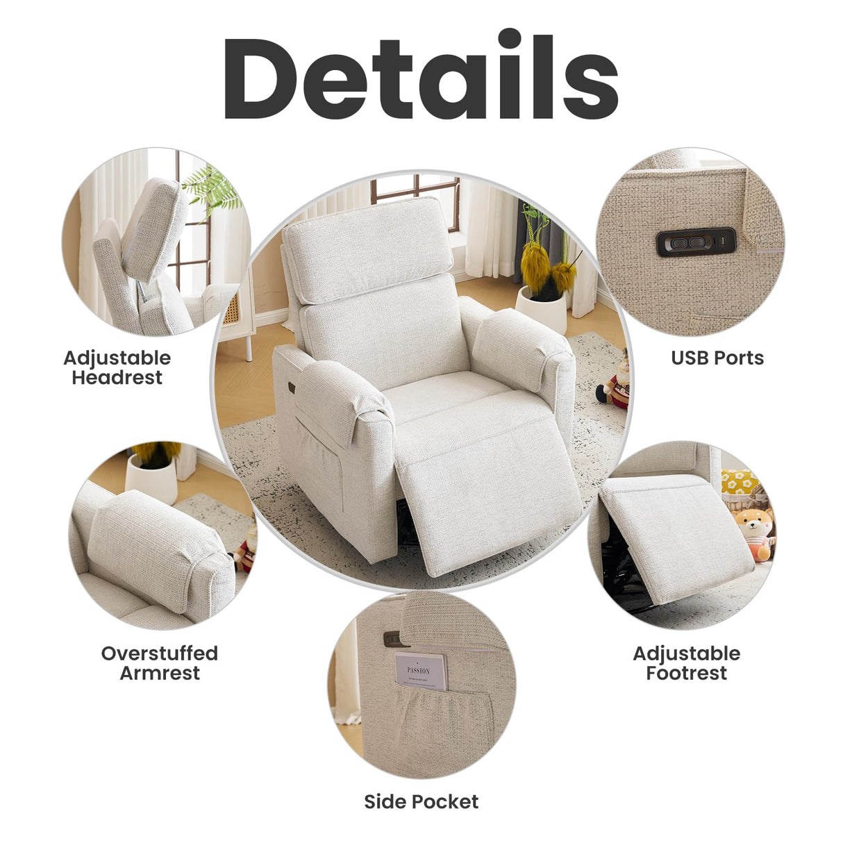 Oversized Power Recliner Chair Swivel Glider with Adjustable Headrest, Swivel Rocking Recliner Chair for Adults, 26" Extra Wide Glider Nursery Chair with Overstuffed Armrest, USB Ports, White RUTOX