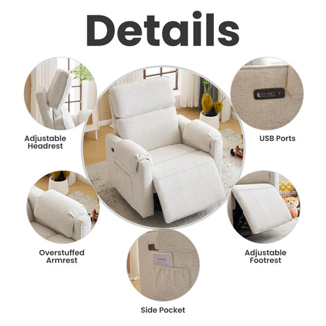 Oversized Power Recliner Chair Swivel Glider with Adjustable Headrest, Swivel Rocking Recliner Chair for Adults, 26" Extra Wide Glider Nursery Chair with Overstuffed Armrest, USB Ports, White RUTOX