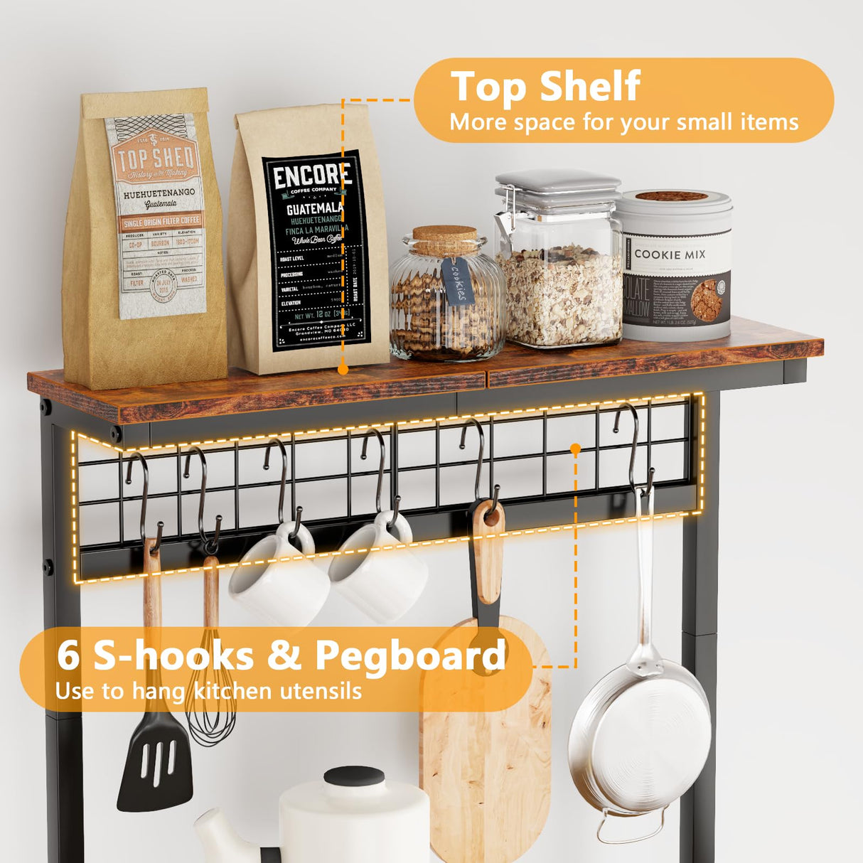 Furologee Bakers Rack with Power Outlet and LED Light, Small Microwave Stand with 4 Tier Shelves, Coffee Bar Station Table with 6 S Hooks, Kitchen Storage Rack for Spices, Pots, Rustic Brown Furologee