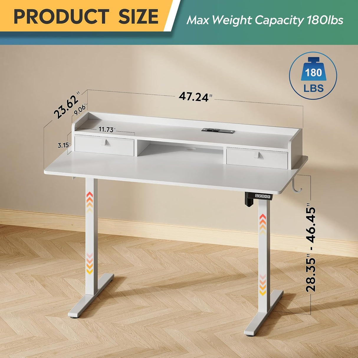 DEVAISE 48×24 Inch Electric Standing Desk with Drawers, Computer Desk with 3 Adjustable Height, Storage Shelf, Built-in AC & USB Outlets and Memory Preset, Sit to Stand Desk for Home Office, White DEVAISE