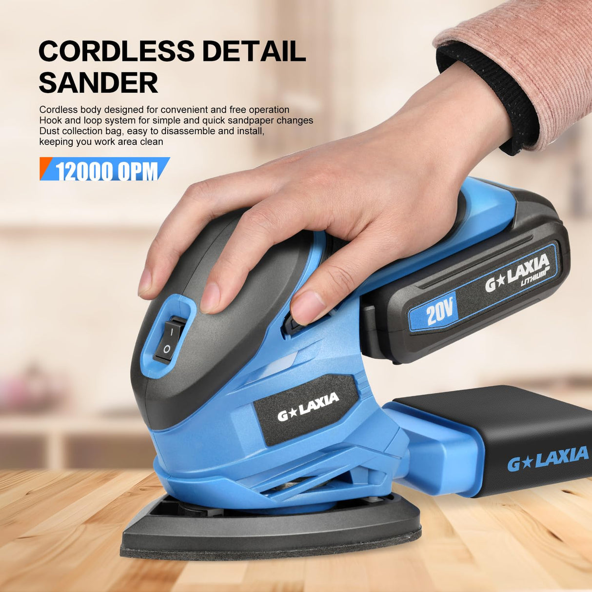 G LAXIA Detail Sander, 20V Cordless Electric Sander with 20Pcs Sandpapers, 12000 OPM Hand Held Sanders with Dust Bag for Woodworking G LAXIA