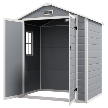 Outsunny 6' x 4.5' Outdoor Storage Shed, Plastic Shed with Vent, Window and Double Lockable Doors, Utility Resin Shed for Patio, Backyard, Lawn, Garage, Gray Outsunny