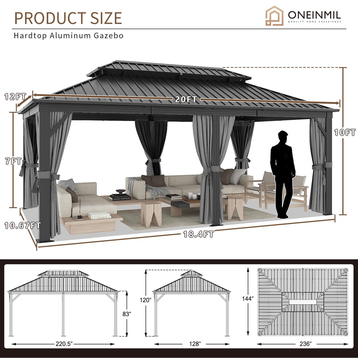 oneinmil 12' X 20' Hardtop Gazebo, Galvanized Steel Double Roof, Aluminum Metal Gazebo with Curtains and Netting, Permanent Gazebo Pavilion for Gardens, Decks, Patios oneinmil