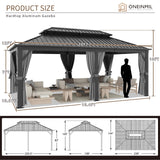 oneinmil 12' X 20' Hardtop Gazebo, Galvanized Steel Double Roof, Aluminum Metal Gazebo with Curtains and Netting, Permanent Gazebo Pavilion for Gardens, Decks, Patios oneinmil