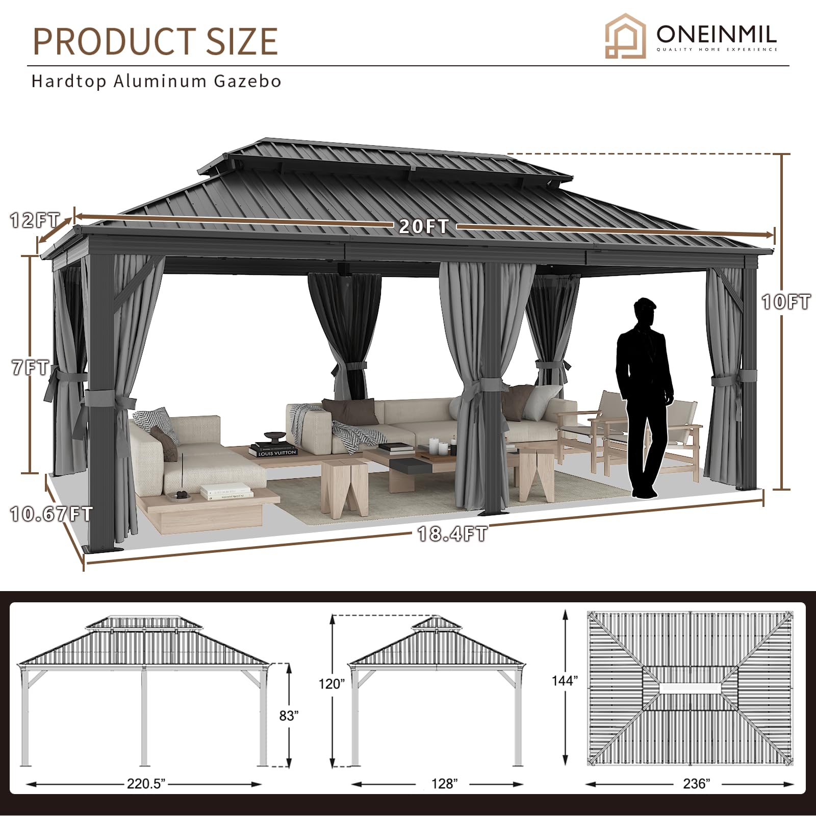 oneinmil 12' X 20' Hardtop Gazebo, Galvanized Steel Double Roof, Aluminum Metal Gazebo with Curtains and Netting, Permanent Gazebo Pavilion for Gardens, Decks, Patios - WoodArtSupply