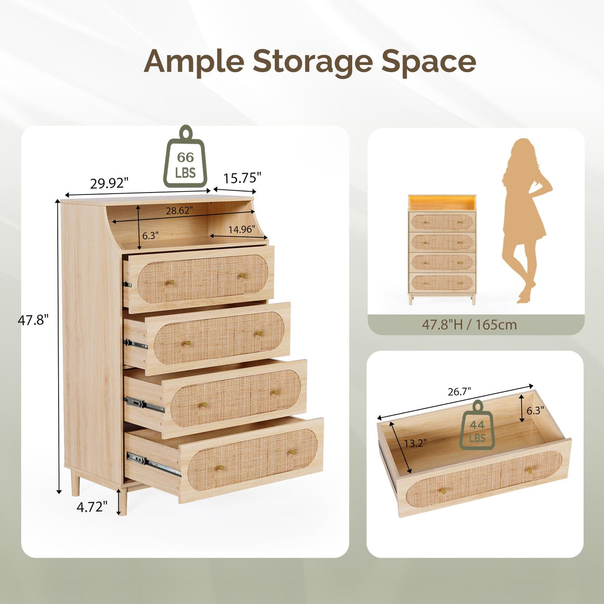 VINGLI Rattan Dresser with LED Lights, Tall Dresser Boho Chest of Drawers for Bedroom, Wicker Chest 4 Drawer, Vertical Dressers for Bedroom，Natural Oak VINGLI