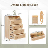 VINGLI Rattan Dresser with LED Lights, Tall Dresser Boho Chest of Drawers for Bedroom, Wicker Chest 4 Drawer, Vertical Dressers for Bedroom，Natural Oak VINGLI