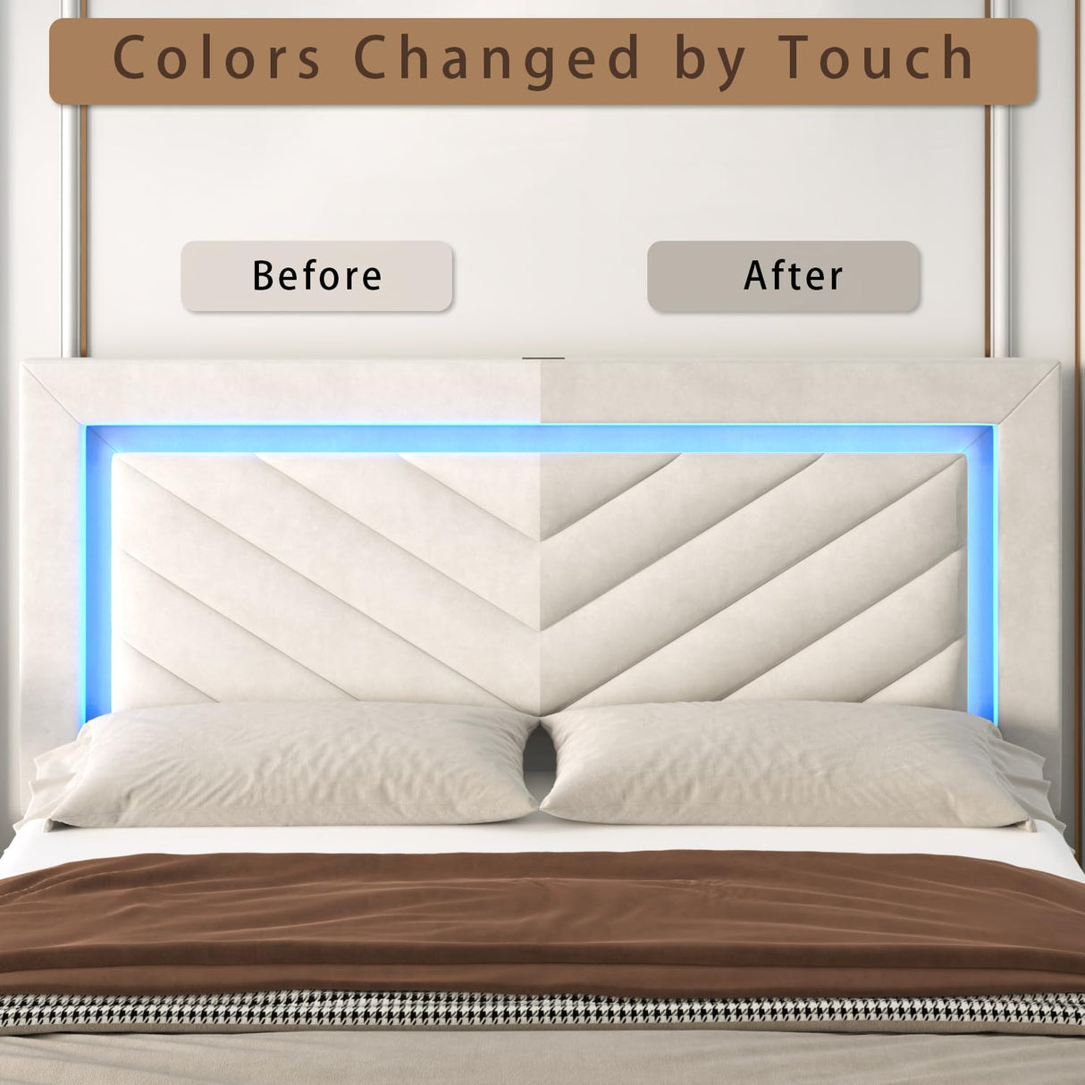 Incyneva Upholstered King Bed Frame with LED Headboard and Storage Drawer, Velvet Platform Bed Frame King Size with Charging Station, Adjustable Headboard, No Box Spring Needed, Off White Incyneva