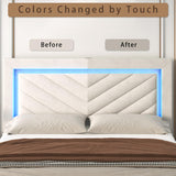 Incyneva Upholstered King Bed Frame with LED Headboard and Storage Drawer, Velvet Platform Bed Frame King Size with Charging Station, Adjustable Headboard, No Box Spring Needed, Off White Incyneva