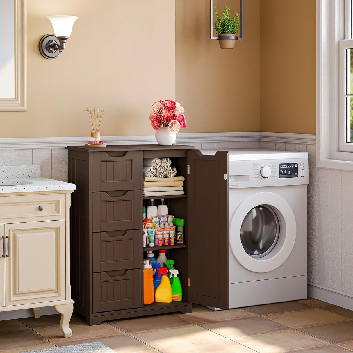 Gizoon Pantry Cabinet Storage Cupboard, Freestanding Wooden Dresser with 4 Drawers for Bathroom and Dining Room, 33" Dark Brown, Small Kitchen Pantry Storage Cabinet with Door and Shelves Gizoon