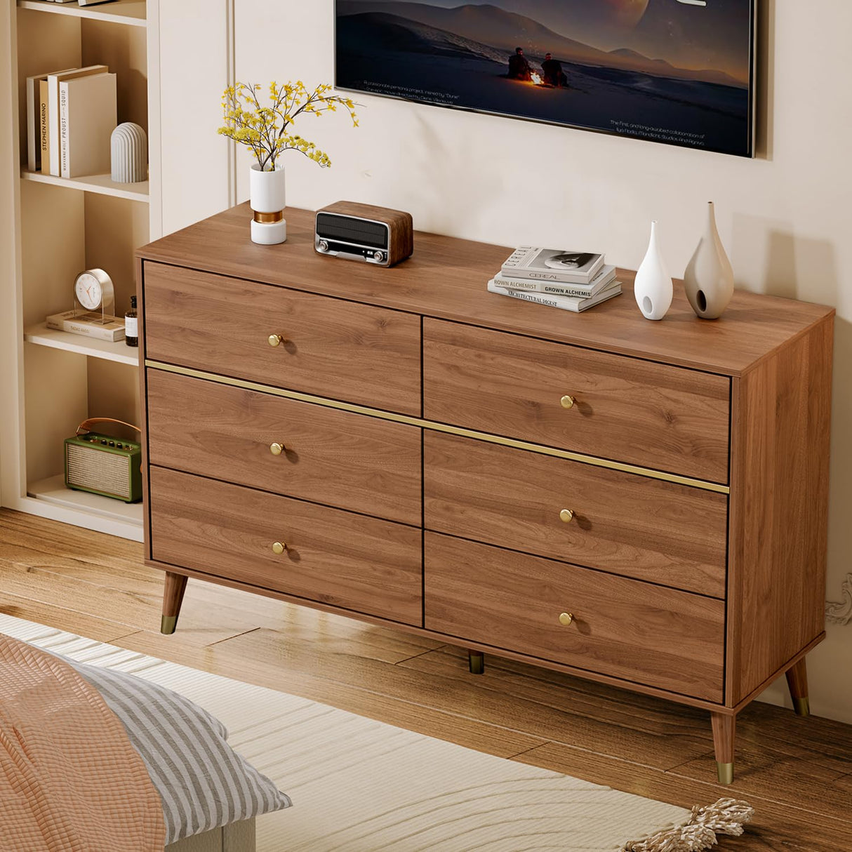 Chrangmay 6 Drawer Dresser,47" Wide Mid Century Chest of Drawers,Wooden Bedroom Drawer Dresser with 6 Storage Drawers for Bedroom,Living Room,with Anti-Tipping Device,Walnut.HT Chrangmay