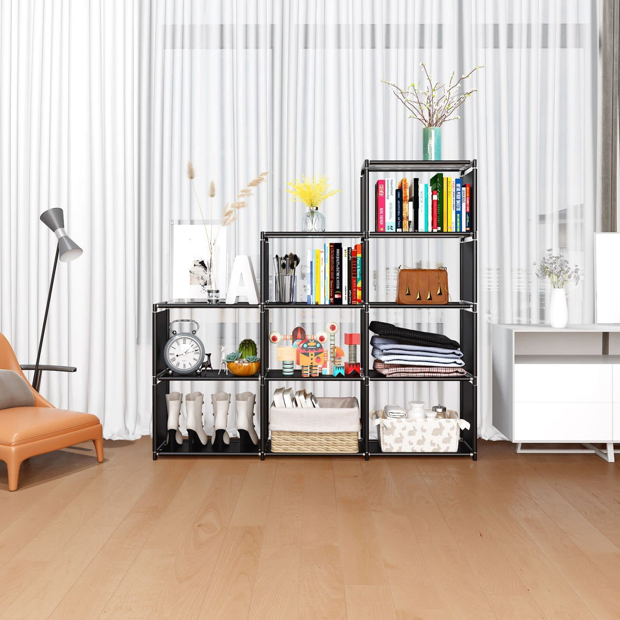 JIUYOTREE Portable Bookcase, 9 Cube Closet Storage Organizer Bookshelf,Clothes Storage for Living Room,Study Room,Bedroom, Black JIUYOTREE