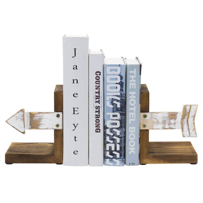 MyGift Rustic Book End, Whitewashed Arrow Design and Burnt Dark Brown Wood Tabletop Bookend Support Stands, Set of 2