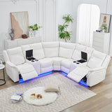 Power Recliner Sectional Sofa Couches with LED Lights for Living Room, Faux Leather Wall Hugger Reclining Corner Couch Sets with 2 Home Theater Seat, USB Charger, Cup Holder, Storage Console, White Comfort Stretch