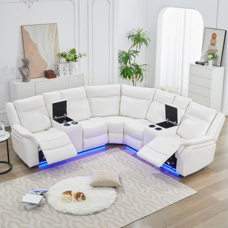 Power Recliner Sectional Sofa Couches with LED Lights for Living Room, Faux Leather Wall Hugger Reclining Corner Couch Sets with 2 Home Theater Seat, USB Charger, Cup Holder, Storage Console, White Comfort Stretch