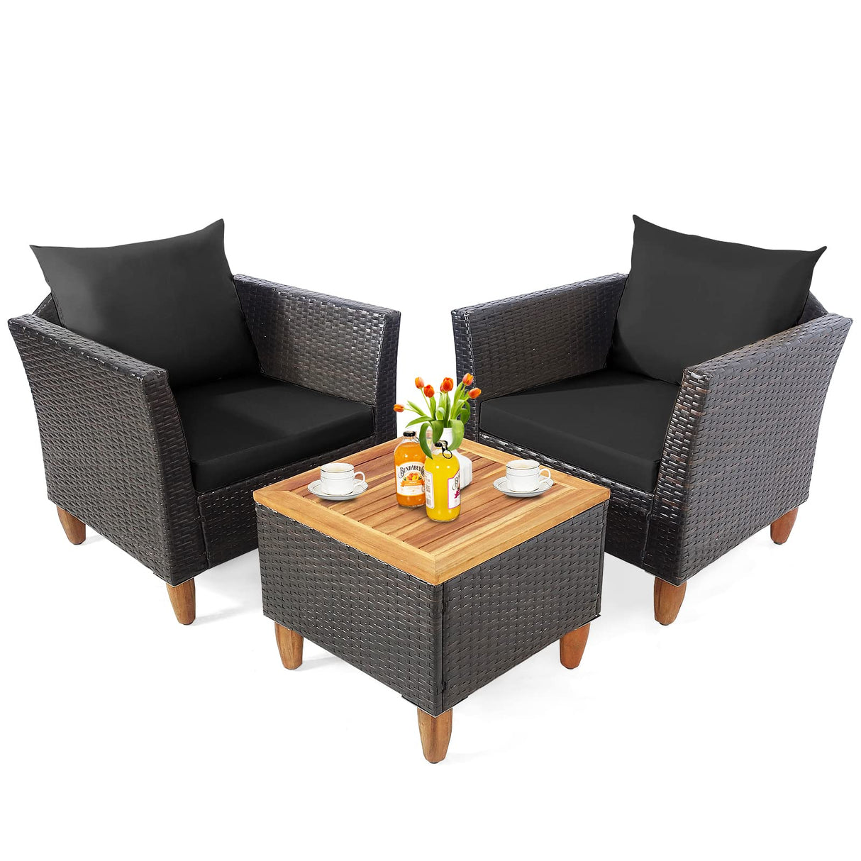 Tangkula 3-Piece Patio Furniture Set, Patiojoy Outdoor PE Wicker Bistro Set with Soft Cushions and Solid Acacia Wood, Outdoor Conversation Set with Porch, Balcony and Garden (Black) Tangkula
