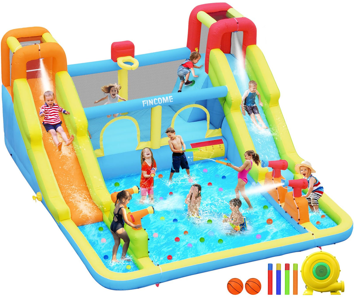 Inflatable Bounce House for Kids, Water Bounce House with Double Slides Indoor Outdoor, Bounce House Water Slide with Air Blower for Park Backyard Party Birthday (with 750W Blower) FINCOME