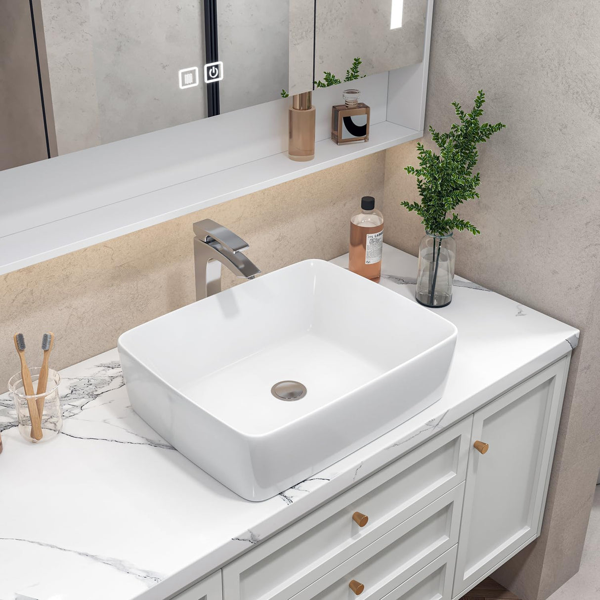 Sinber 19" x 15" x 5.31" White Rectangular Ceramic Countertop Bathroom Vanity Vessel Sink BVS1915A-OL Sinber