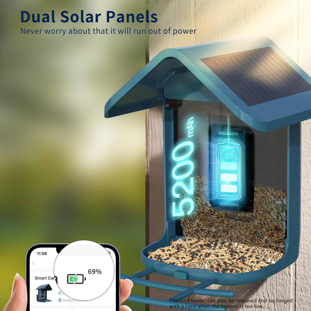 OnlyFly Bird Feeder with Camera - Smart Bird Feeder with Camera 1080P HD for Bird Watching, AI Recognition Birdhouse Camera, Solar Powered Video Bird onlyfly