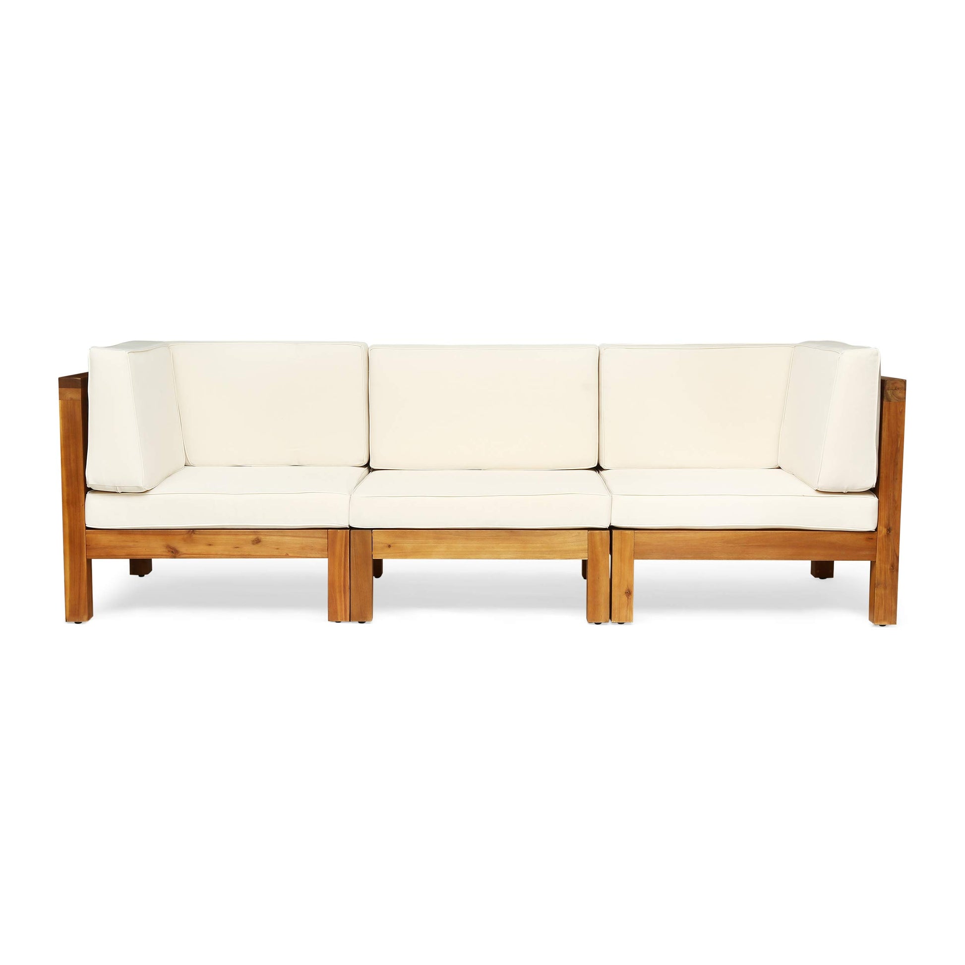 Great Deal Furniture Dawson Outdoor Sectional Sofa Set - 3-Seater - Acacia Wood - Outdoor Cushions - Teak and Beige - WoodArtSupply