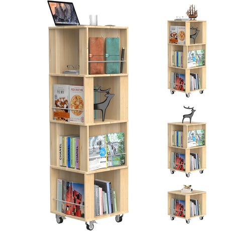Urmachmore 360° Rotating Bookshelf Tower – 4 Tier DIY Corner Bookcase with Wheels for Home and Office Urmachmore